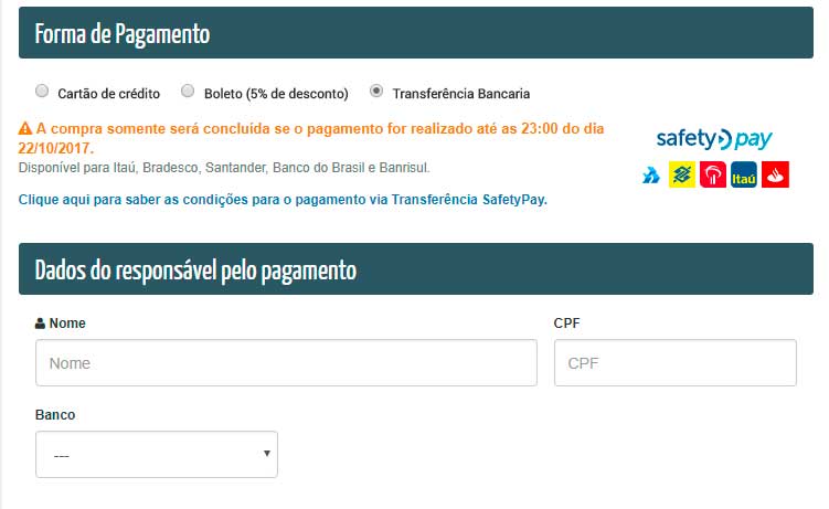 Forma de Pagamento transferência bancária